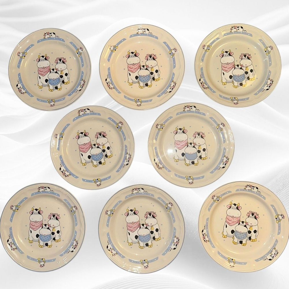 Tienshan - 7.5" Salad Plate Set Of 8 Whimsical Cow Family, Hearts, Blue Ring
